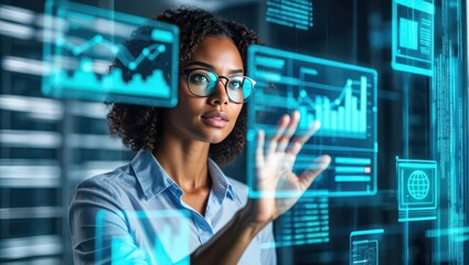 Black woman with glasses interacting with a futuristic virtual interface displaying business data, graphs, and charts, representing concepts of AI, technology, and analytics