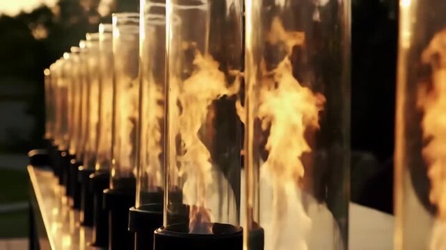 Row of Glass tube Fire Torches glowing warm light ambiance outdoors in nature.