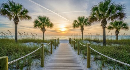 Fototapeta premium Palm trees frame a wooden path leading to a breathtaking beach sunset