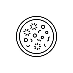 Obraz premium Outline Pizza Dish with Pepperoni, Olives and other Toppings on a Plate
