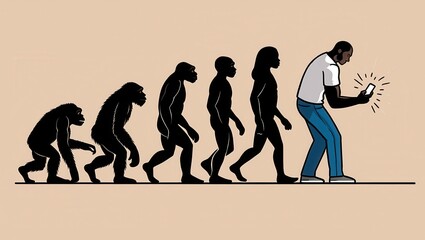 Human figures reflecting the stages of evolution culminating in a modern person hunched over, engrossed in a glowing mobile device, depicting a satirical take on technological impact