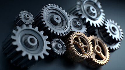 Metal gears interlock in a close-up, creating a mesmerizing machine, silver and gold.