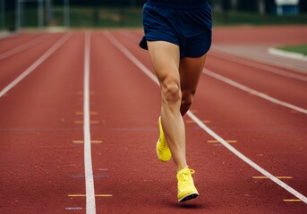 Obraz premium A close-up shot of a runner in action on a red track. The runner strides forward with determination, showcasing speed and athletic prowess.