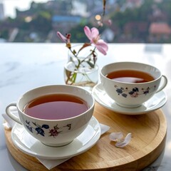 Two teacups filled with tea, resting on a wooden tray with a delicate floral arrangement