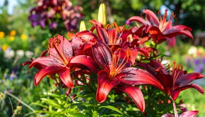 Vibrant red lilies in a garden setting