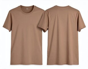 Two taupe-colored t-shirts, front and back views, isolated on a white background.  A blank, plain style