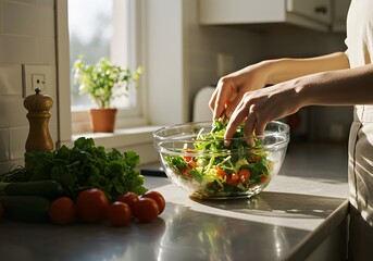 A person making a fresh salad in a bright kitchen, demonstrating healthy eating