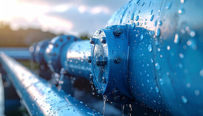 Industrial Pipeline Detail: A close-up shot highlights an industrial pipeline with water droplets clinging to its metallic surface, emphasizing the texture and design of engineering marvels.