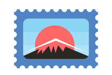 Minimalist mountain landscape with red sun and blue stamp frame. Flat vector illustration