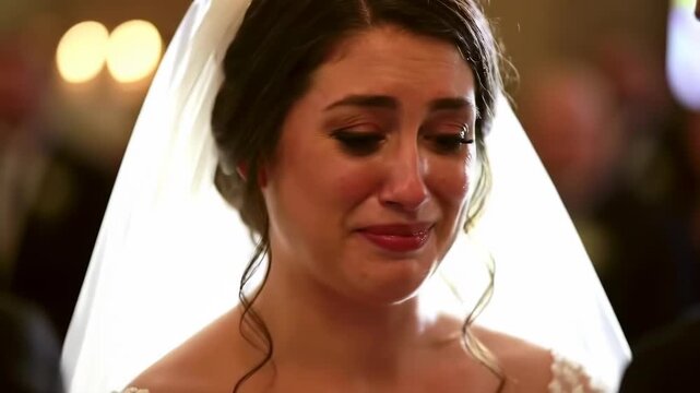 Tearful bride with veil during wedding ceremony. Emotion, love, happiness, people, woman, event, marriage.