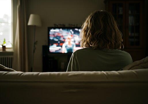 A person relaxes on the couch while watching TV