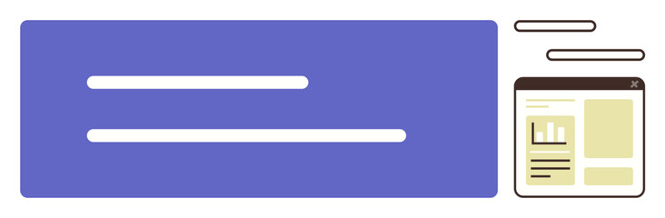 Obraz premium Purple content section with horizontal lines paired with a browser window showing charts, text, and blocks. Ideal for web design, user interface, technology, presentation, blogging, analysis