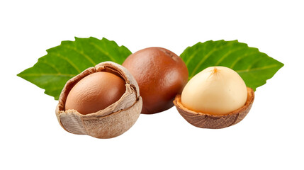 Macadamia Nuts with Green Leaves on Black Background