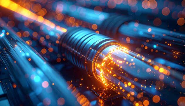 Fiber Optic Cables: A close-up view reveals glowing fiber optic cables, symbolizing high-speed data transmission and advanced technology.
