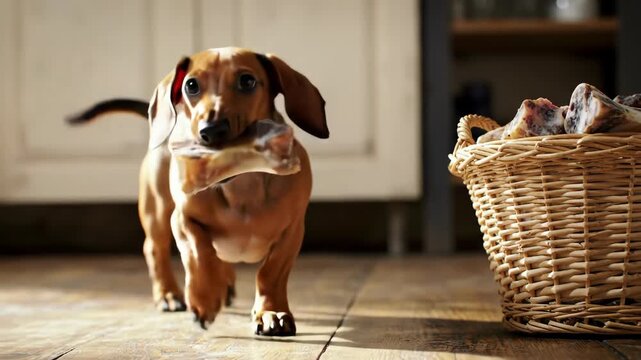 Dachshund dog with basket of bones on wooden floor, pet lifestyle, dog treat.