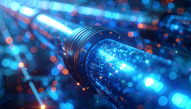 Illuminating Conduit of Innovation: A close-up view of a glowing pipeline with light traveling, symbolizing progress and connectivity within the realm of technology.