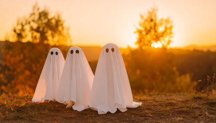 mystical: pale ghostly figures between trees at warm sunset; occasion lit by flames, mid spotlight; colours faded fashioned, a quiet gathering of silhouettes in the woods - ethereal veil of dusk