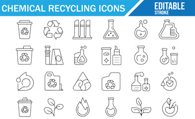 Chemical Recycling Icons: Set of line icons representing chemical recycling processes, containers, laboratory equipment, and sustainable waste management. Editable stroke illustrations for eco-friendl