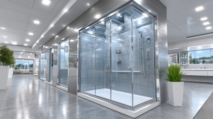 Fototapeta premium glass shower enclosures in plumbing department of building hypermarket, elegant modern design with chrome frames and transparent doors