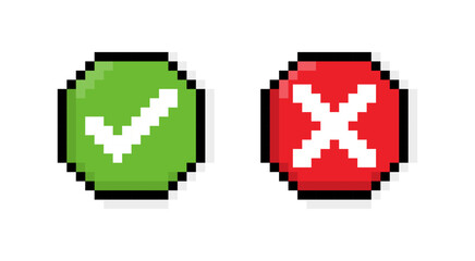 Retro pixel art green check and red cross icons for design projects