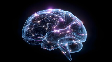 3D AI brain with glowing circuits in neon blue and purple on black background. Concept:
Artificial intelligence, digital tech, neural networks, futuristic, innovation.