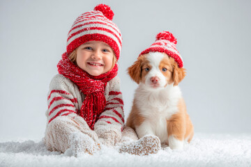 Smiling little girl in striped red and white winter hat and scarf sitting in snow beside adorable brown and white border collie puppy wearing matching hat, on white background.