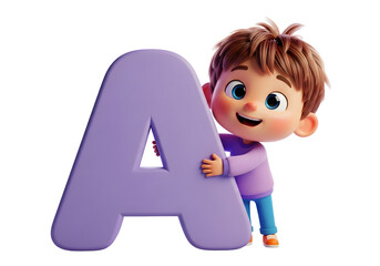 3d illustration of cartoon boy holding a large purple letter a, isolated on transparent background