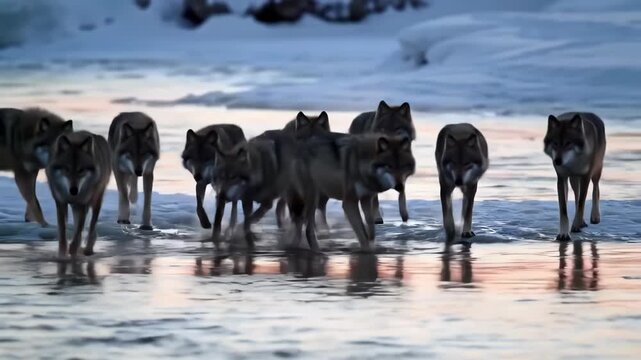Pack of Wolves walking on ice in winter landscape. Group of wolves, snow, nature, wildlife, mammal, wild and animal themes.
