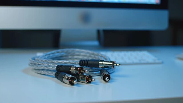 Silver RCA Cables with Connectors on a White Table in a Technology Environment with a Computer and Keyboard