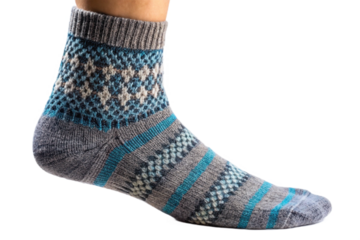 Closeup of a person wearing a grey and blue patterned knit sock with an open toe, isolated on transparent background.png