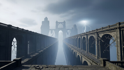 Mystical Bridge to the Heavens A Surreal Fantasy Architecture in a Cloudy Sky
