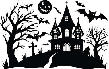 Halloween, vector illustration vector art of a spooky haunted house silhouette with bats flying around, perfect for halloween themed designs and decorations	