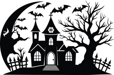 Halloween, vector illustration vector art of a spooky haunted house silhouette with bats flying around, perfect for halloween themed designs and decorations	