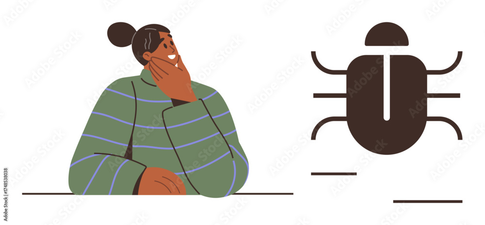 Wall mural thoughtful person resting chin on hand next to bug icon, representing problem-solving, debugging, so