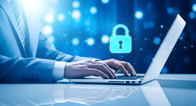 Businessman Secures Data with Encryption and Network Security