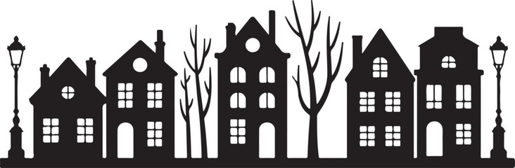 Laser cut Amsterdam style houses. Silhouette of row typical dutch canal houses at Netherlands. Stylized facade of old buildings. Wood carving, paper cut vector template. Background for banner, card