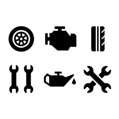Minimalist Automotive Icons – Wheel, Engine, Tire, Wrenches, and Oil Can