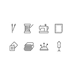 Minimalist Sewing Icons – Needles, Thread, Machine, Fabric, Button, Pincushion, and Mannequin