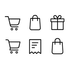 Minimalist Shopping Icons – Cart, Bag, Gift, Receipt in Black Line Style