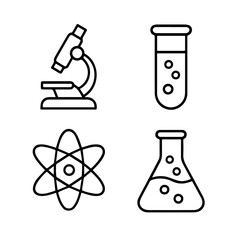 Minimalist Science Icons – Microscope, Test Tube, Atom, and Flask in Black Line Style