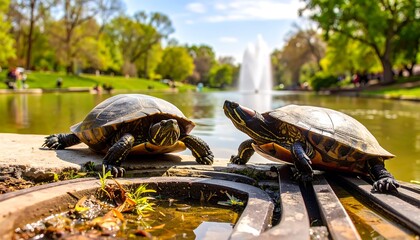 Two turtles by a pond in a park on a sunny day