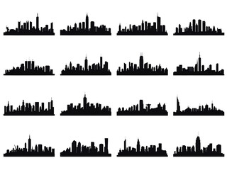 Collection of diverse city skyline silhouettes showing various architectural styles on white background