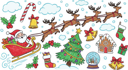 Vector art of santa claus and reindeer pulling sleigh with christmas elements