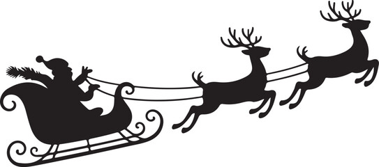 Santa Claus on sleigh flying sky with reindeers black vector silhouette on white background. illustration design for winter holiday decoration, Christmas greeting card and Happy new year