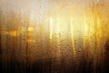 Water droplets on glass with warm golden light.
