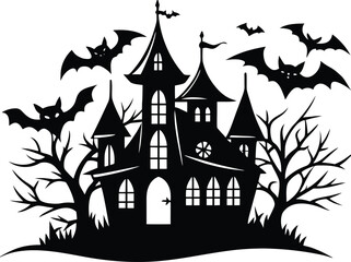 Halloween, vector illustration vector art of a spooky haunted house silhouette with bats flying around, perfect for halloween themed designs and decorations	