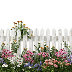 Fototapeta premium White garden fence with floral pattern. Isolated white background. Png format
