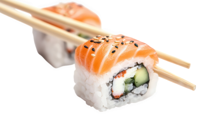 Closeup of delicious sushi roll isolated on transparent background, featuring fresh salmon, rice, seaweed, and other ingredients, served with chopsticks for a delightful meal