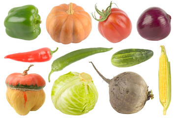 Assorted vegetables including bell pepper, pumpkin, tomato, onion, chili, cucumber, corn, squash,...
