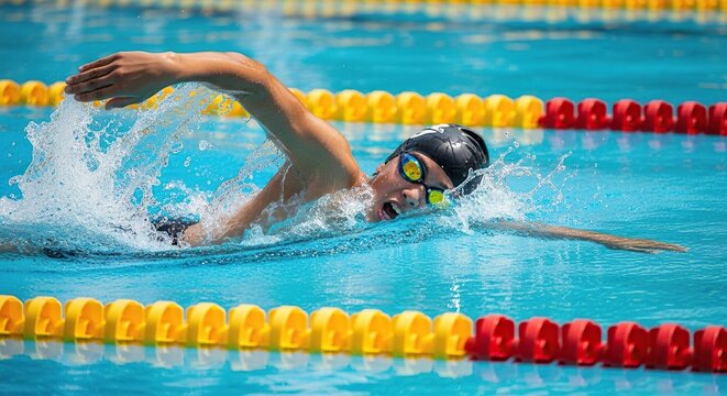 Female swimmer in action during competition in swimming pool - Powered by Adobe